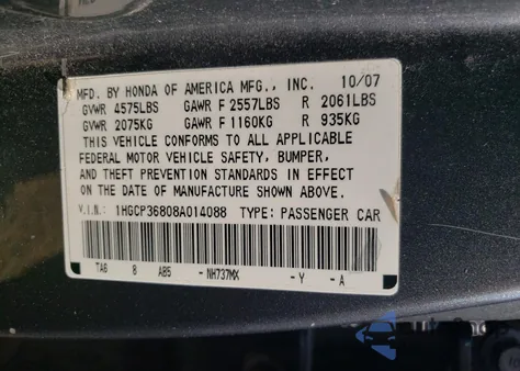 2008 Honda Accord Exl from USA, damaged, VIN 1HGCP36808A014088